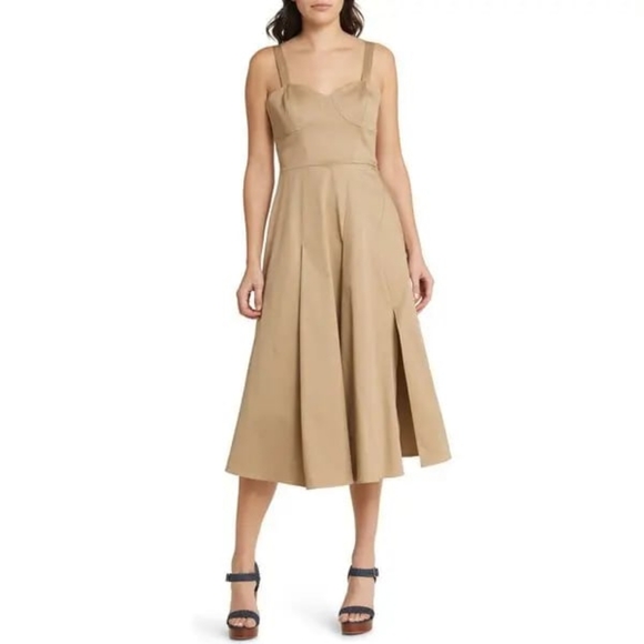Anthropologie Du Paradis Khaki Tan Sleeveless Stretch Poplin Midi Dress Medium - Picture 2 of 12
